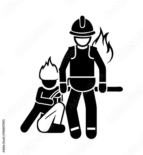 Firefighters battling fire, one person injured, safety equipment, rescue scene