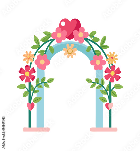 Wedding arch with pink flowers and red heart decoration for romantic celebrations and love