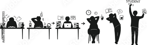 Student stress and productivity journey silhouette vector set showing burnout distraction study focus success celebration and academic progress concept