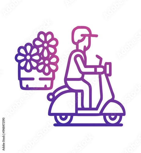 Person on a scooter with a large potted flower bouquet in side, delivering plants