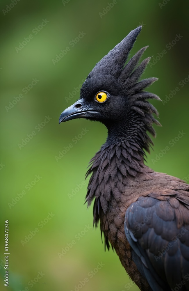 Fototapeta premium Horned screamer bird with striking yellow eye and spiky crest. Wild avian species found in South America wetlands. Unique animal profile shot outdoors.