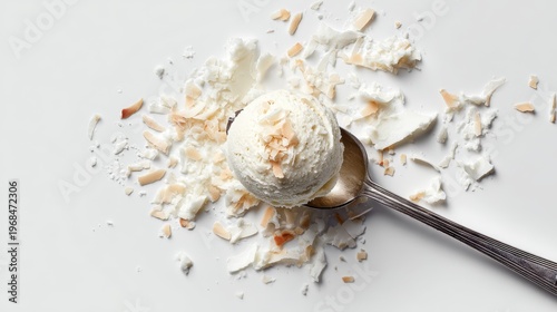 Vegan coconut milk ice cream scoop with flakes on top, minimalist style, white background