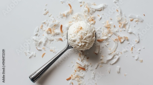 Vegan coconut milk ice cream scoop with flakes on top, minimalist style, white background