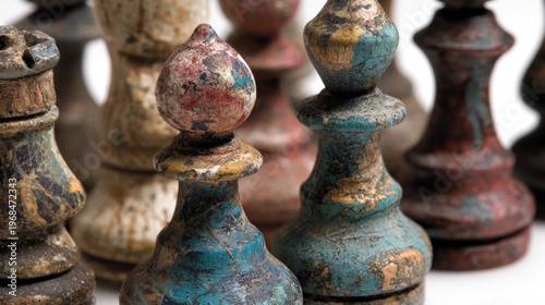 Vintage hand-painted chess pieces with chipped paint, grouped tightly on white