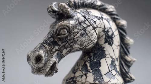 Vintage knight chess piece with cracks and chipped base, close-up on white