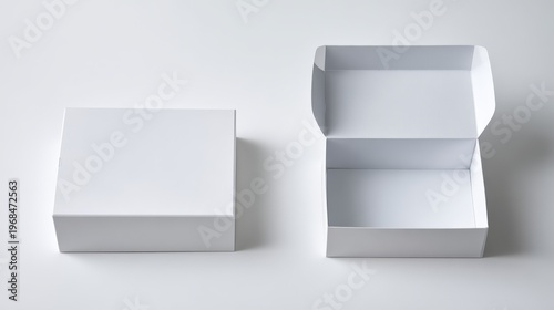 White folding box displayed flat and unfolded next to assembled version, on white background