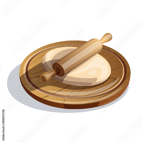 Rolling dough on a wooden board with a rolling pin in a kitchen for baking