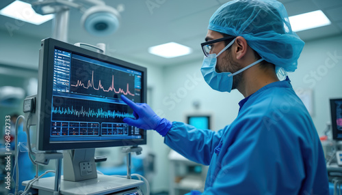 Surgeon in protective gear points at vital signs monitor screen in modern operating room. Medical professional analyzes patient health data on digital display during procedure.
