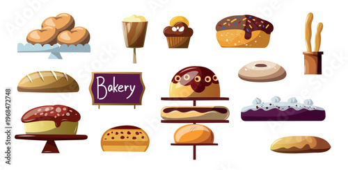 Variety of baked goods displayed in a bakery with breads and sweets on shelves during daytime