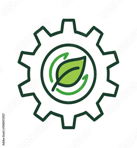 Green gear with leaf symbol in middle, concept for ecology industry and technology