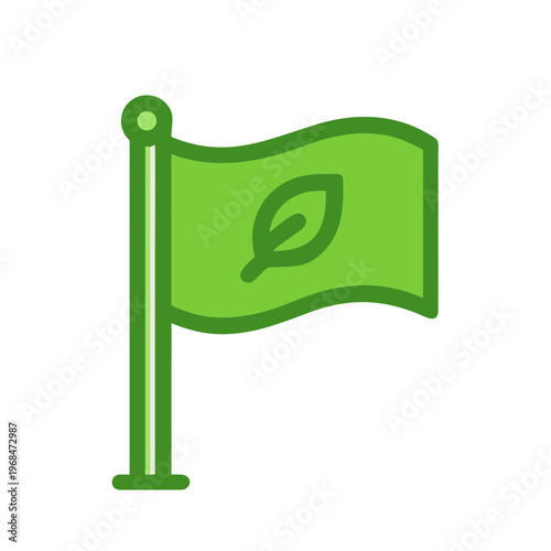 Green flag with leaf symbol on pole, conceptual representation of environmental goals