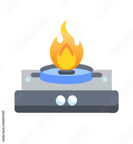 Portable gas stove with flame icon, camping cooker, cooking appliance vector design