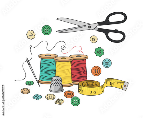 Crafting and tailoring essentials including spools of thread, a sharp needle, open scissors, a thimble, and scattered buttons