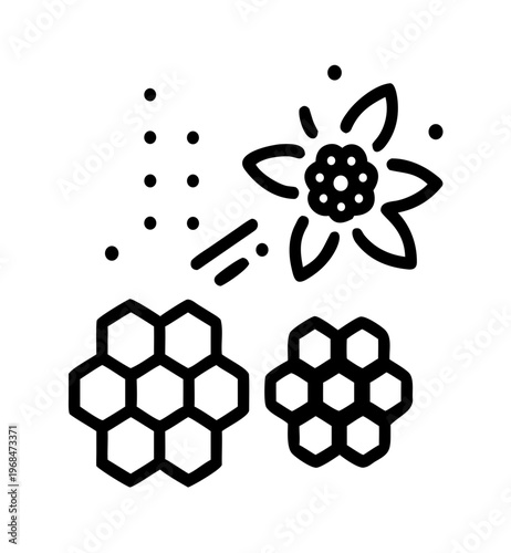Flower pollination icon, bee, honeycomb and flower petals, nature and ecology concept