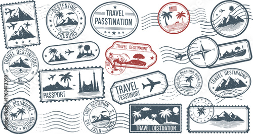 Vintage Travel Stamp Vector Set Featuring Passport Marks Airplane Postmarks Tourist Destination Seals Retro Postal Badges Collection Isolated on White Background