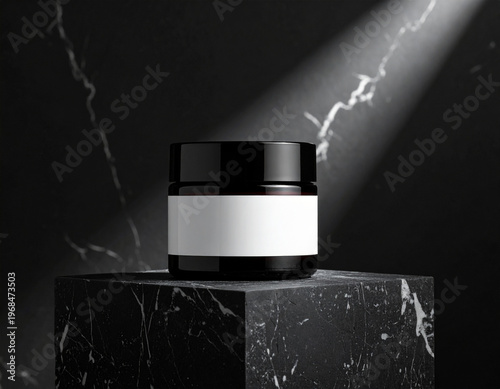 Luxury cosmetic jar on black marble podium with dramatic lighting, premium skincare product mockup