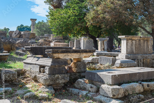 Ancient Temple Stone Ruins in Olympia, Greece