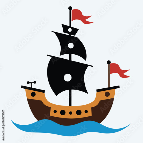 Dramatic black silhouette of a pirate ship with a curved hull, evoking adventure and maritime exploration.