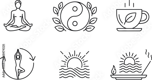 Wellness and mindfulness icons yoga balance tea and nature scenes