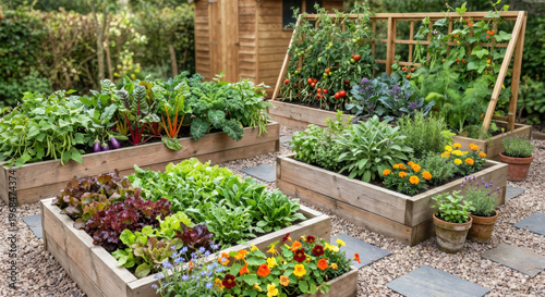 Orto botanico domestico con aiuole rialzate in legno, ortaggi freschi e fiori in giardino. Generative AI