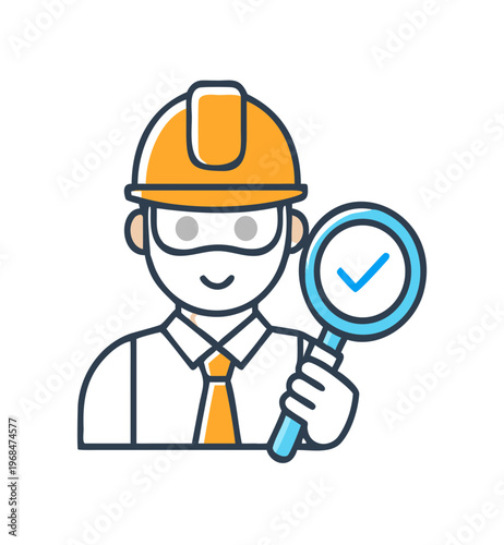 Inspector with magnifying glass icon, person checking quality, isolated on transparent background