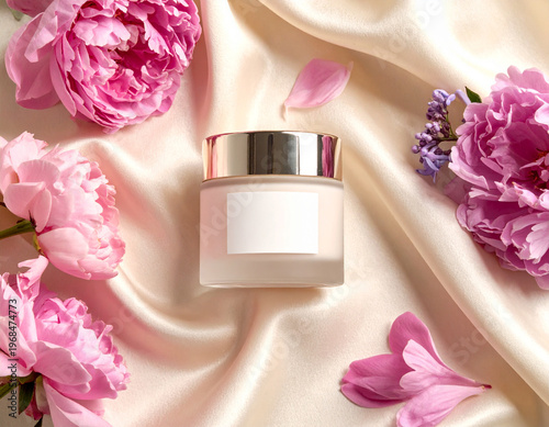 Premium cosmetic cream jar top view on silk fabric with pink flowers, luxury skincare mockup