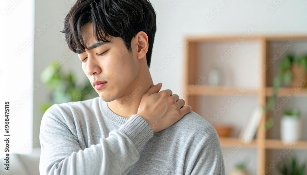 Fototapeta premium Young Asian Adult Suffering from Neck and Shoulder Pain in Modern Indoor Setting