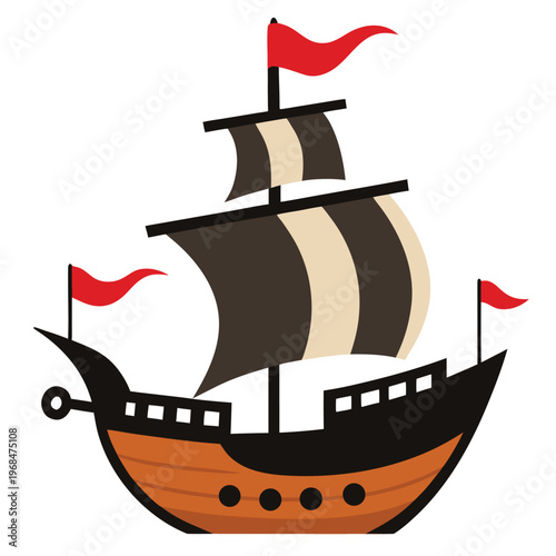 Iconic black silhouette of a pirate ship with a gracefully curved hull, representing maritime themes and adventure.