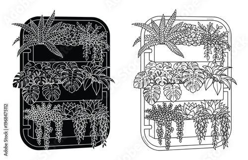 Vertical garden vector illustration, indoor plants in wall planters on transparent background.