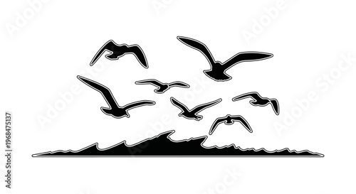 A flock of bird silhouettes flying over a landscape silhouette with a clean white background.