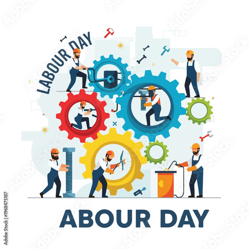 Colorful illustration celebrating a day of work with mechanics and gears