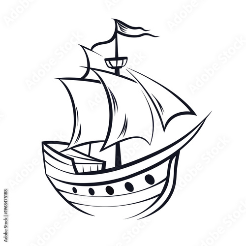 A striking black silhouette of a pirate ship with a curved hull, perfect for nautical and adventure-themed designs.