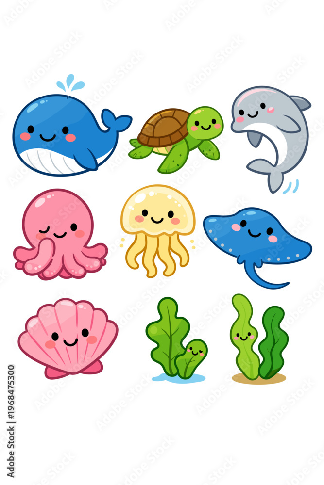 Fototapeta premium Collection of Adorable Pixel Art Aquatic Creatures Including a Whale Dolphin Turtle Octopus Jellyfish Stingray and Shell