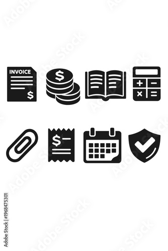Collection Of Business And Finance Icons Representing Invoice Coin Book Calculator Paperclip Receipt Calendar And Shield