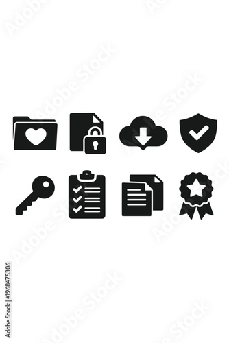 Collection of Black Icons Representing Data Security Cloud Storage And Achievement On A White Background