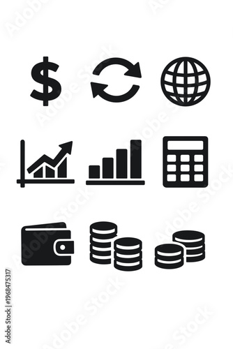 Collection Of Business And Finance Icons On White Background Including Dollar Sign Arrows Globe Calculator Wallet And Coins