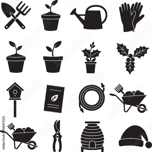 black icons of gardening tools and plants on white background