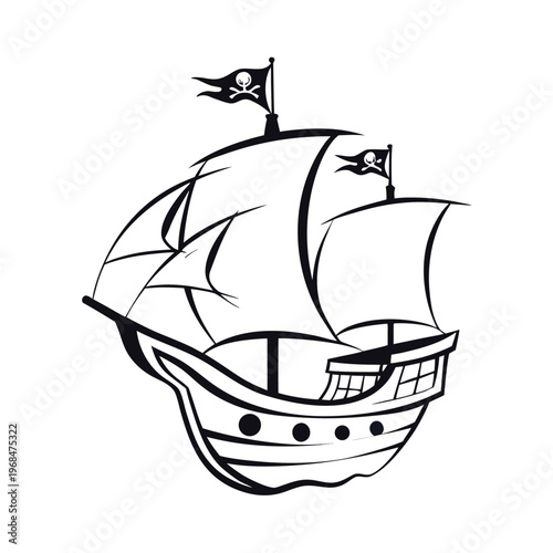 Dynamic black silhouette of a pirate ship with a curved hull, suitable for designs related to sailing and fantasy.