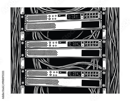 Black and white vector illustration of server racks with tangled cables.