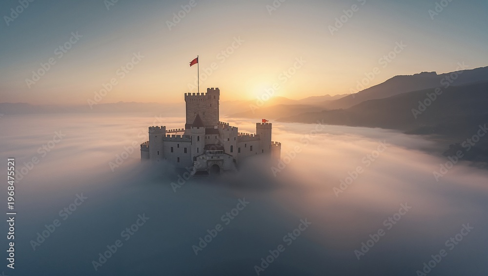 Obraz premium Majestic Castle Surrounded by Mist at Sunrise with Dramatic Sky