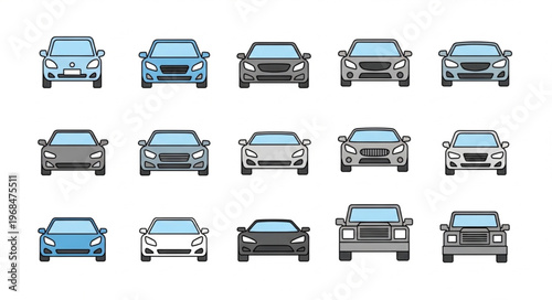 Collection of Front-View Car Illustrations in Various Styles and Colors.