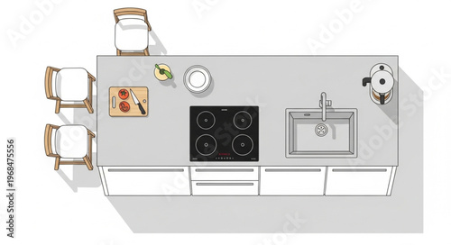 Overhead View of a Kitchen Island with Appliances and Accessories.