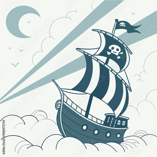 Stylized black silhouette of a pirate ship with a curved hull, perfect for graphic designs about the sea and voyages.
