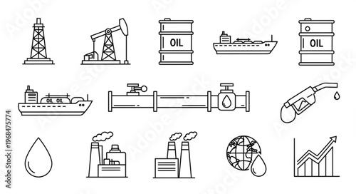 Oil Industry Icons - A Comprehensive Vector Set Representing Petroleum Production and Global Impact.