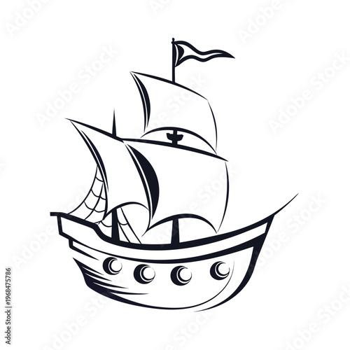 Classic pirate ship silhouette sailing on the ocean at sunset, evoking adventure and exploration.