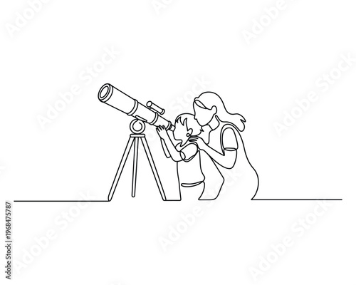 Mother and child observing the stars together through a telescope on a tripod