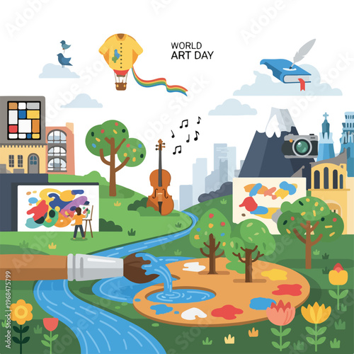 Colorful illustration celebrating art with various elements like a painter & music