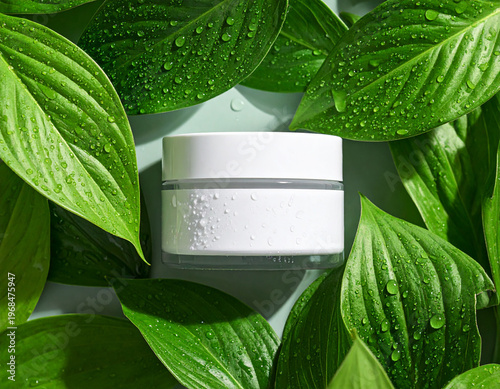 cosmetic cream jar with tropical leaves fresh skincare concept
