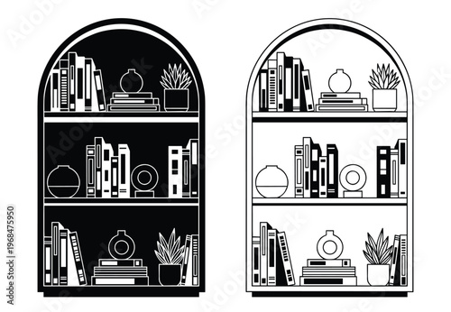 Arched bookshelf vector outline and silhouette set with books and house plants.