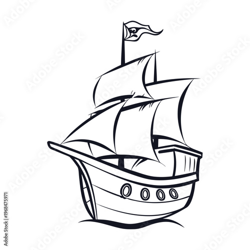 Stylized silhouette of a pirate ship with a distinct curved hull, ready for a grand adventure.